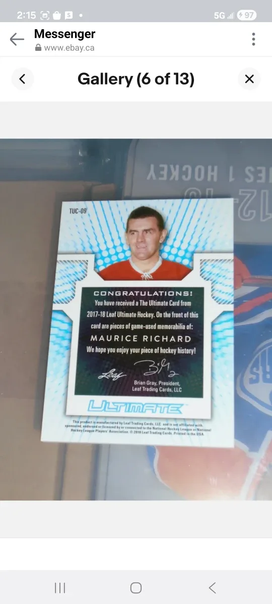 Maurice Richard 2017-18 Leaf Ultimate Hockey Card/leather relics image indicator(5)