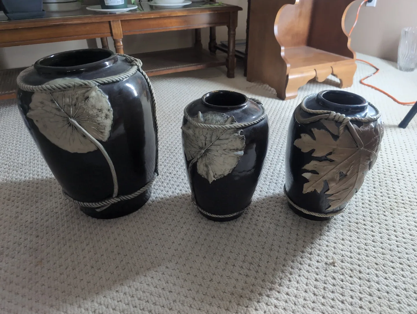 Decorative Black Vase with Leaf Design