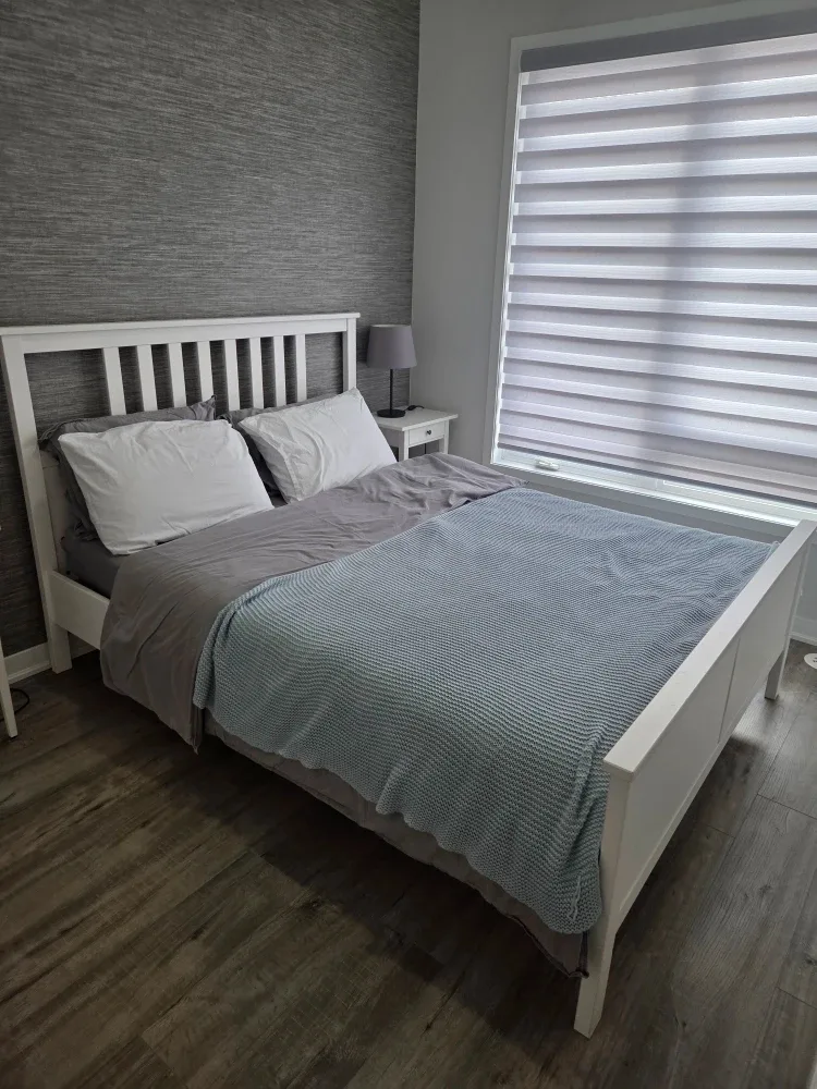 Queen size bed frame + mattress + side table + lamp