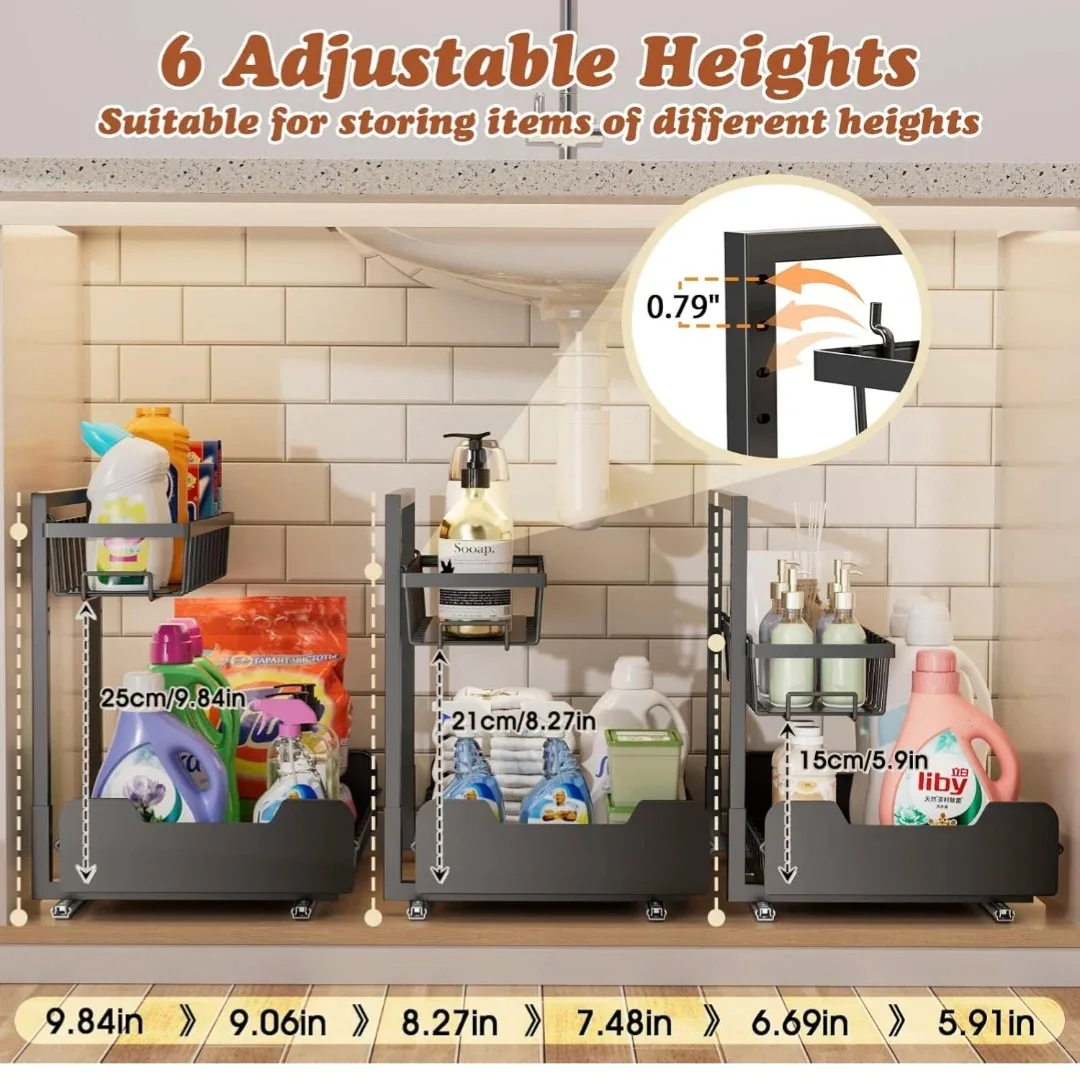 2 Tier Sliding Basket Storage Organizer Under the Sink, Cabinet image indicator(7)