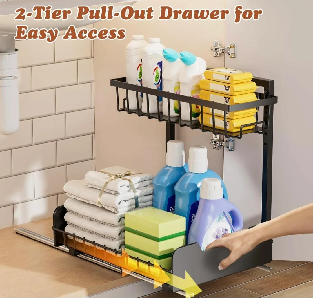 2 Tier Sliding Basket Storage Organizer Under the Sink, Cabinet image indicator(9)