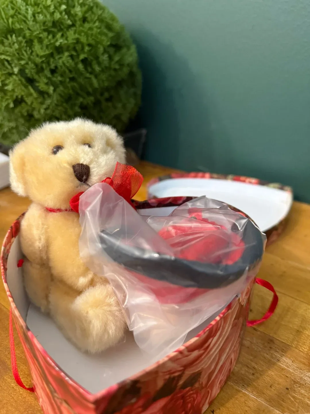 Teddy Bear in Heart-Shaped Floral Box