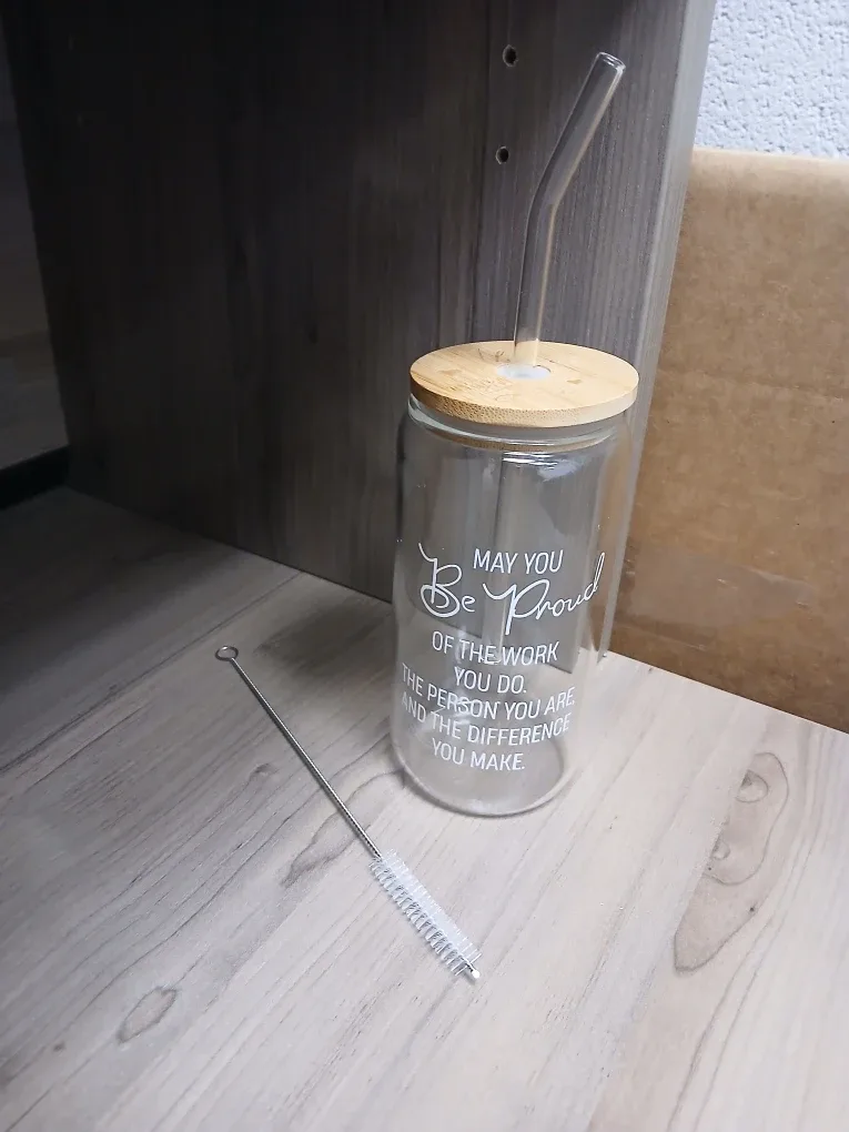 🆕️Glass jar with bamboo top, glass straw, cleaning - Giftable! image indicator(7)