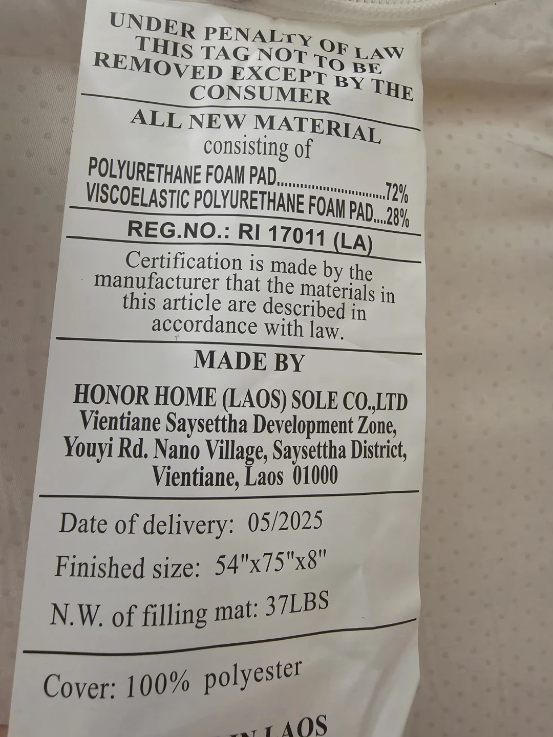 Honor Home Mattress 54"x75"x8" - photo 3