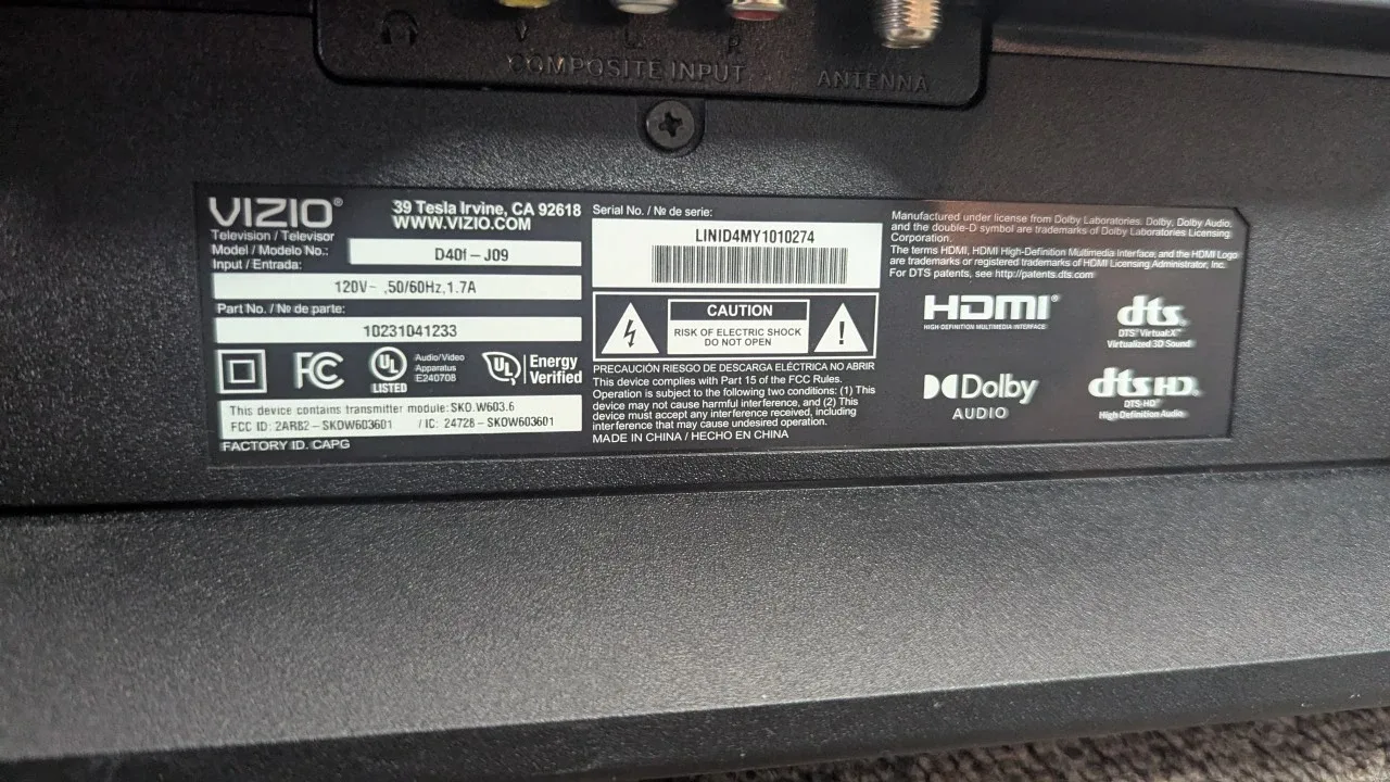 Vizio 39" TV Model D40I-J09 image indicator(3)