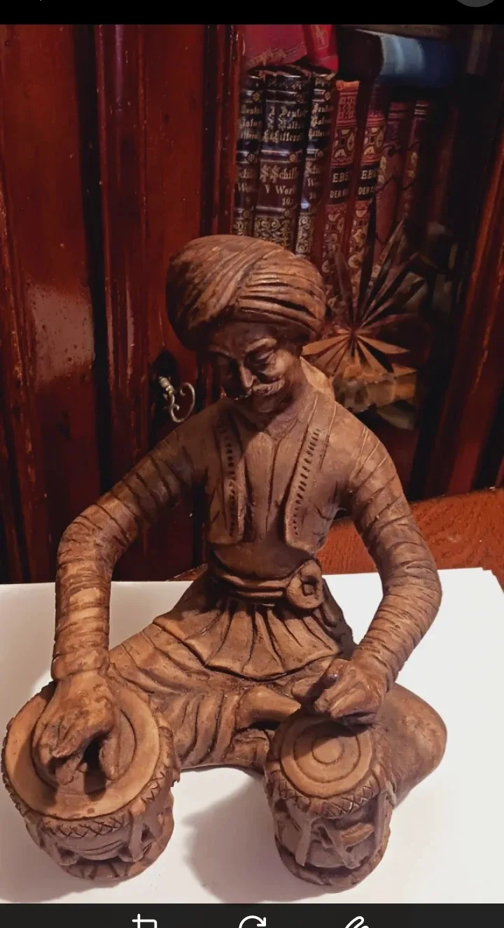 Indian Musician Carved Wood Rajasthan Figurine thumbnail