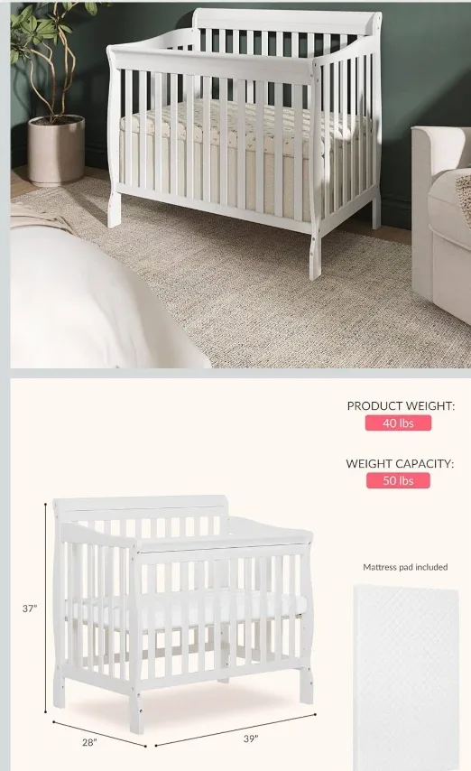 White Baby Crib with Mattress Pad