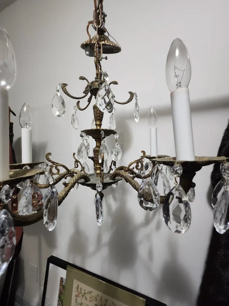 VINTAGE SPANISH BRASS CHANDELIER  WITH CRYSTALS image indicator(3)