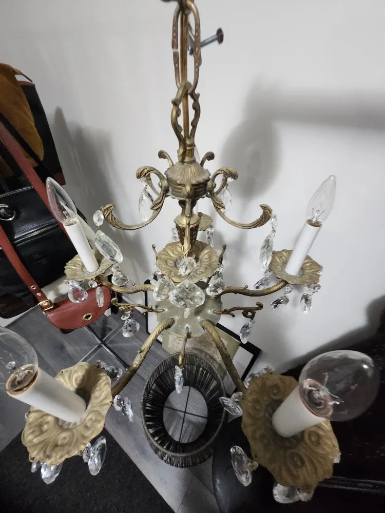 VINTAGE SPANISH BRASS CHANDELIER  WITH CRYSTALS image indicator(6)