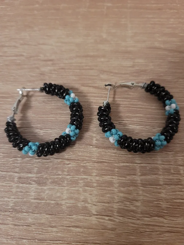Small Black Beaded Silver Hoops