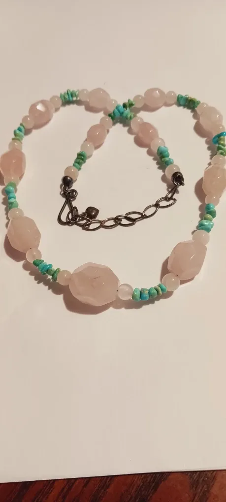 Sterling Silver 925 Genuine Rose Quartz & Turquoise Necklace