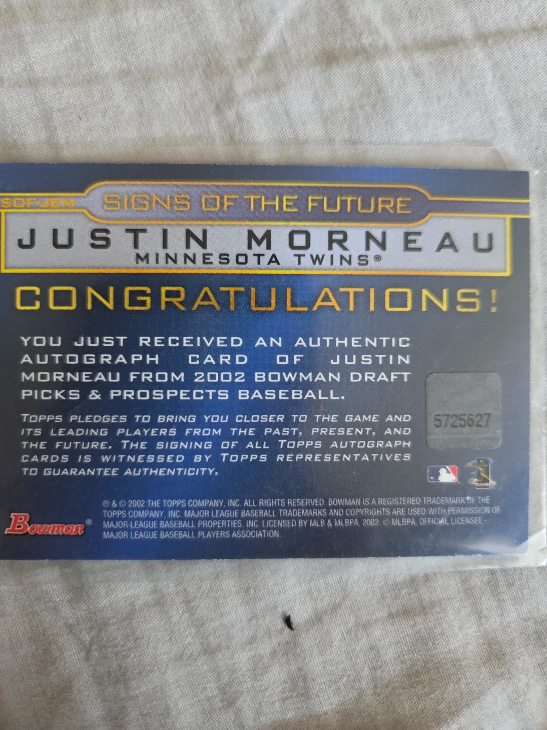 Justin Morneau Autographed Baseball Card image indicator(2)