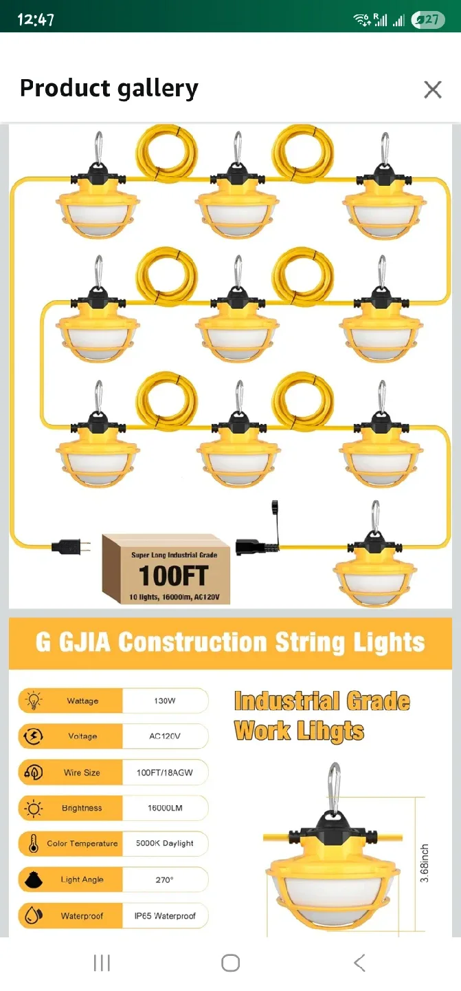 G GJIA Construction String Work Lights - 100ft thumbnail