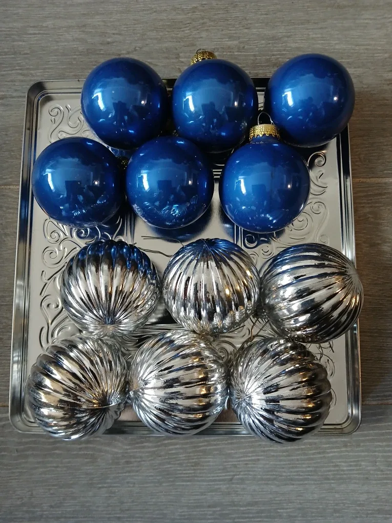 12 Blue & Silver Christmas Ornaments available. Fixed price.