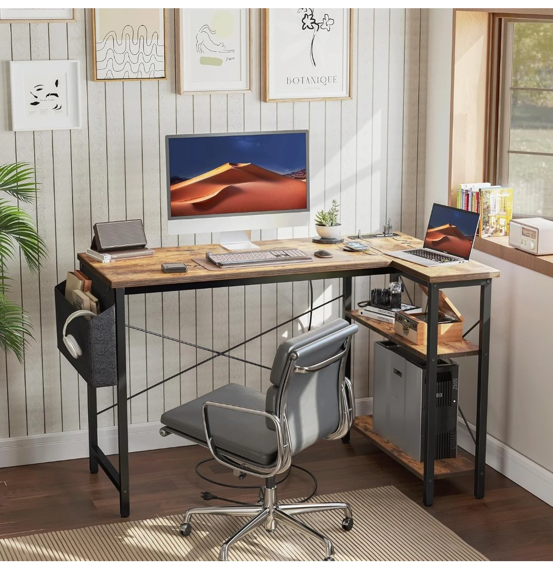 47" L-shaped desk with power outlets and reversible shelves - photo 3