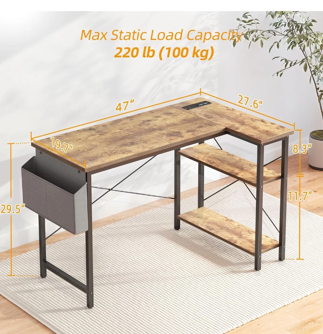 47" L-shaped desk with power outlets and reversible shelves - photo 4