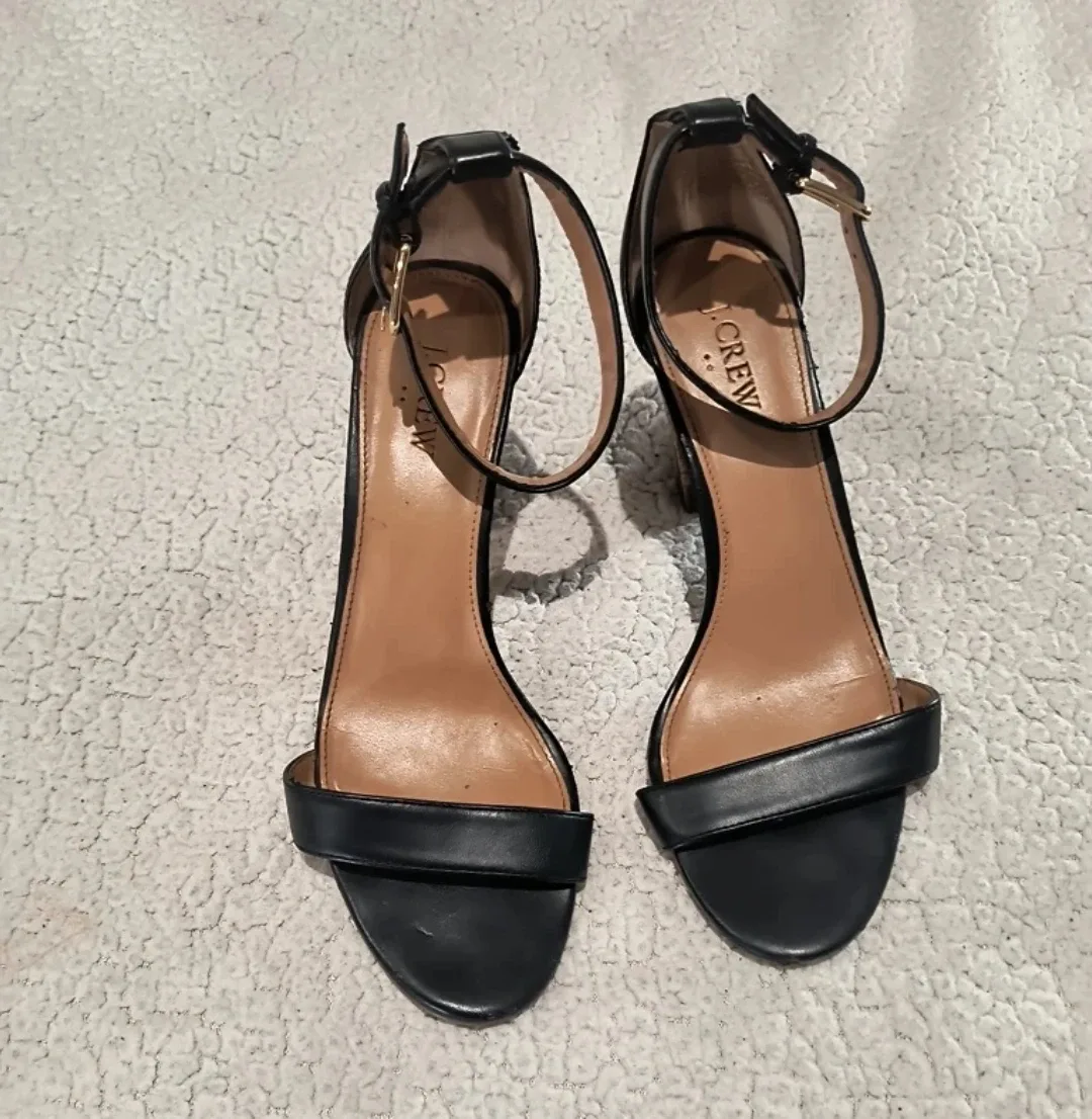 J.Crew Black Leather Heeled Sandals 9 image indicator(9)