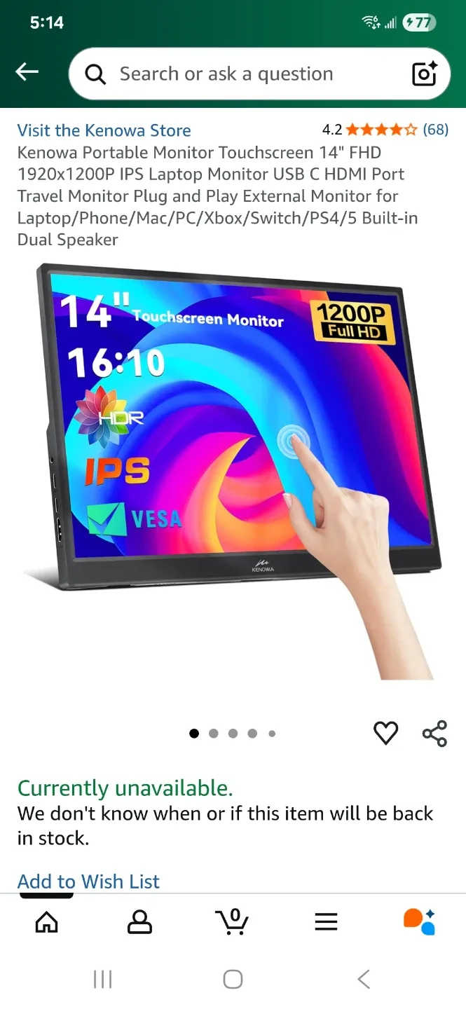 Kenowa Portable Monitor Touchscreen 14" (Plug and Play)