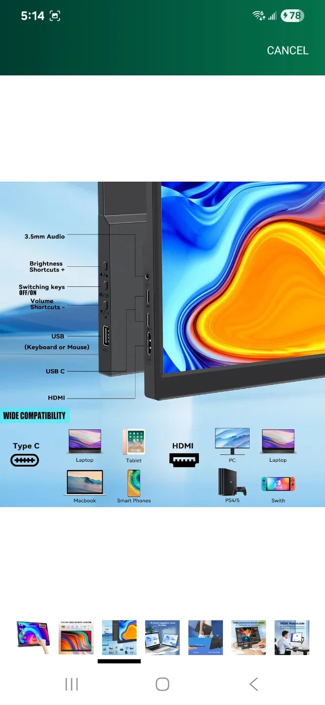 Kenowa Portable Monitor Touchscreen 14" (Plug and Play) image indicator(3)