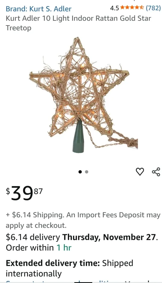 Kurt Adler Rattan Gold Star Treetop