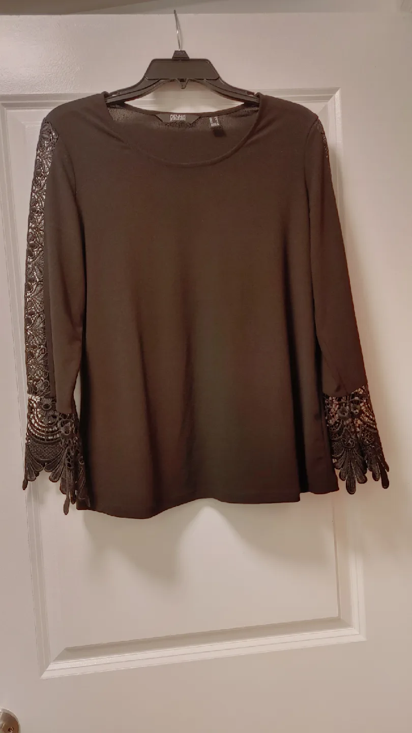 Dennis Basso Black Lace Sleeve Top size Medium thumbnail