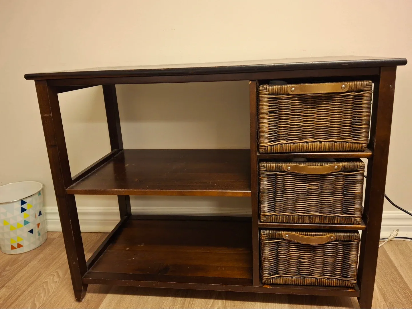 MOVING SALE Dark Wood Console Table with Wicker Baskets