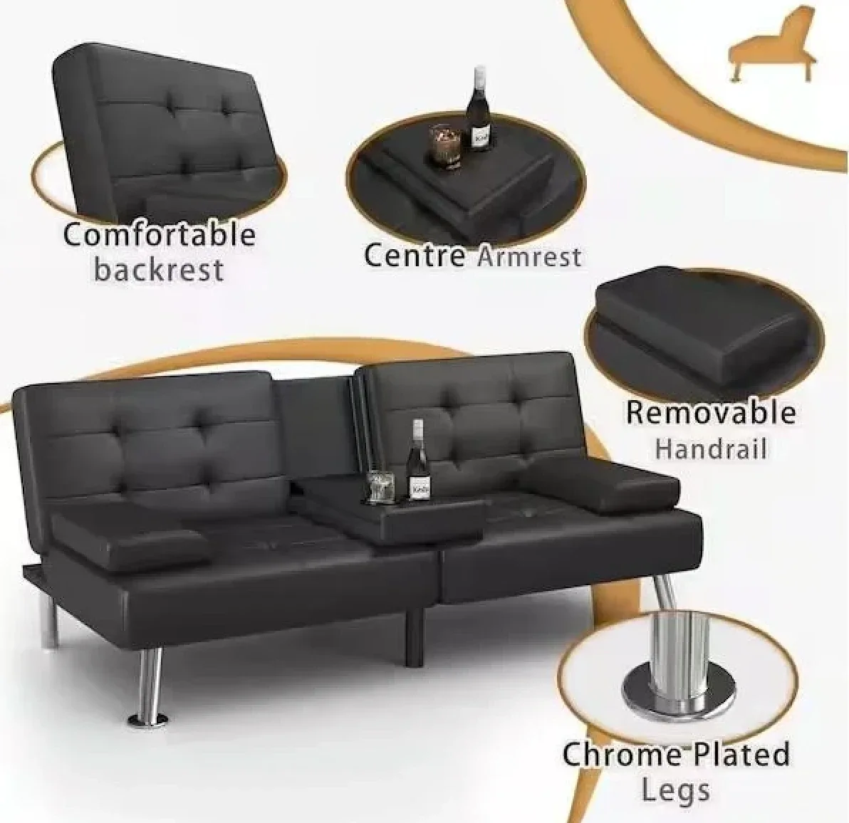 Black Faux Leather Futon Sofa Bed with Cup Holders - NEW image indicator(3)