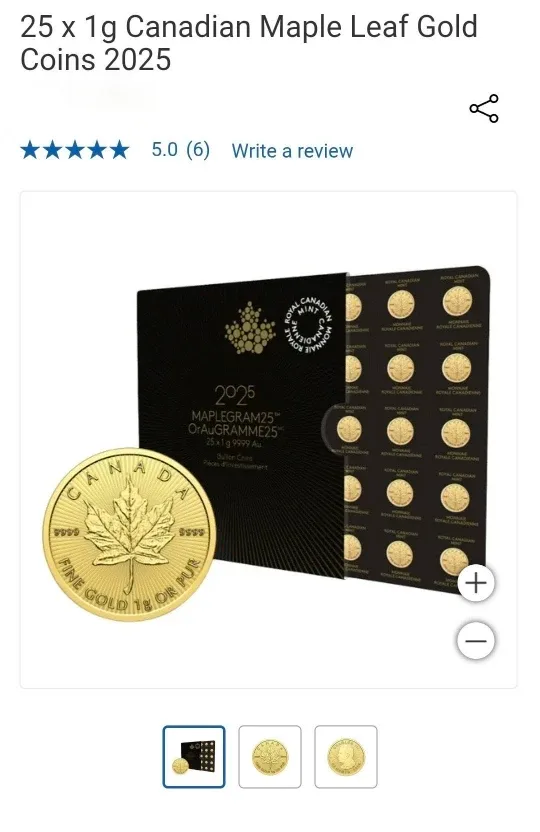 25 x 1g Canadian Maple Leaf Gold Coins 2025
