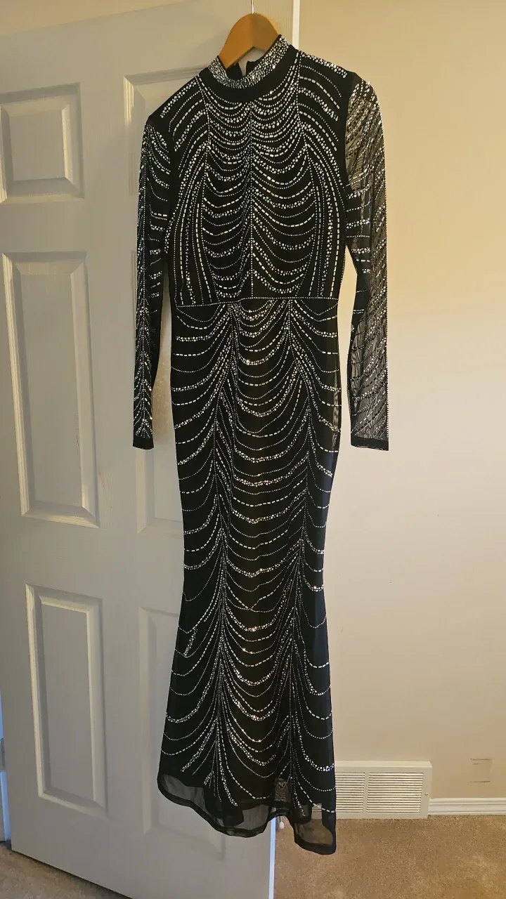 Black Embellished Long Sleeve Maxi Dress