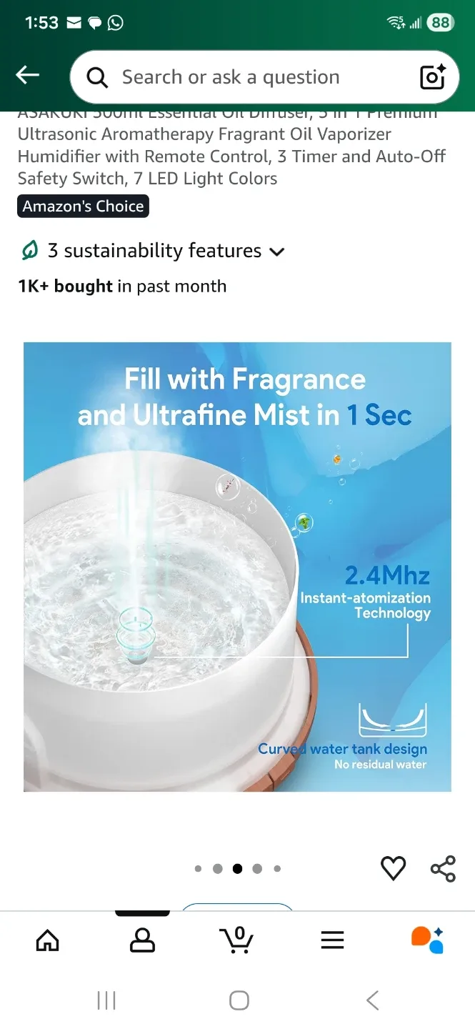 ASAKUKI 500ml Essential Oil Diffuser- 7 Light options image indicator(3)