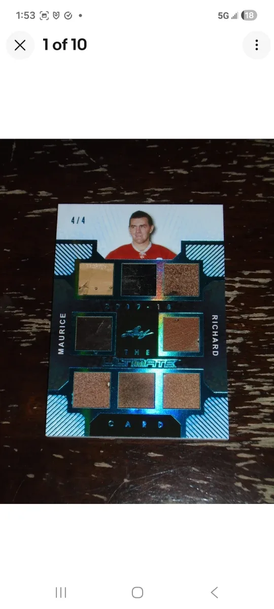 Leaf Ultimate Hockey Maurice Richard Card/ leather worn relics