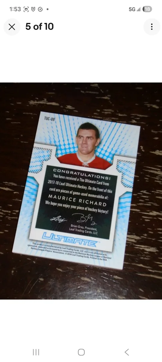 Leaf Ultimate Hockey Maurice Richard Card/ leather worn relics image indicator(5)