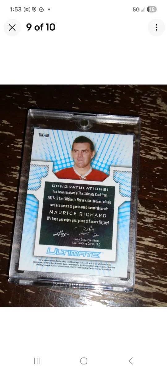 Leaf Ultimate Hockey Maurice Richard Card/ leather worn relics image indicator(10)