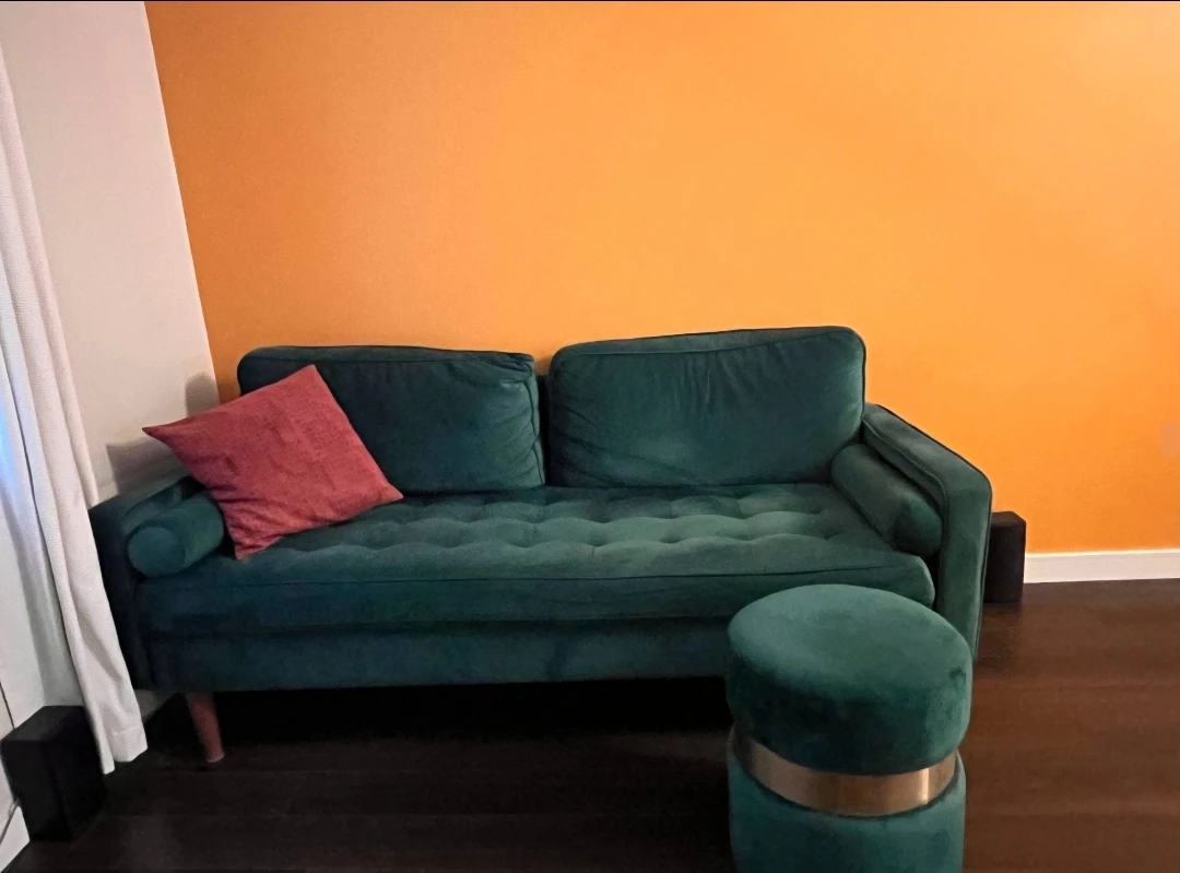 Green Velvet Loveseat with Ottoman