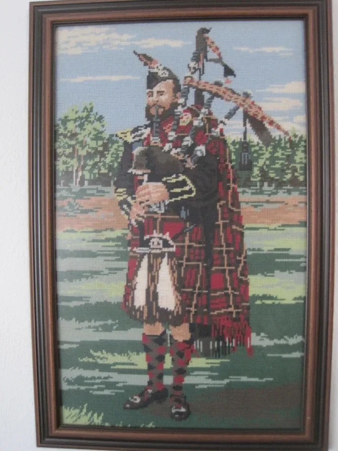 Framed Needlepoint Picture of Bagpiper