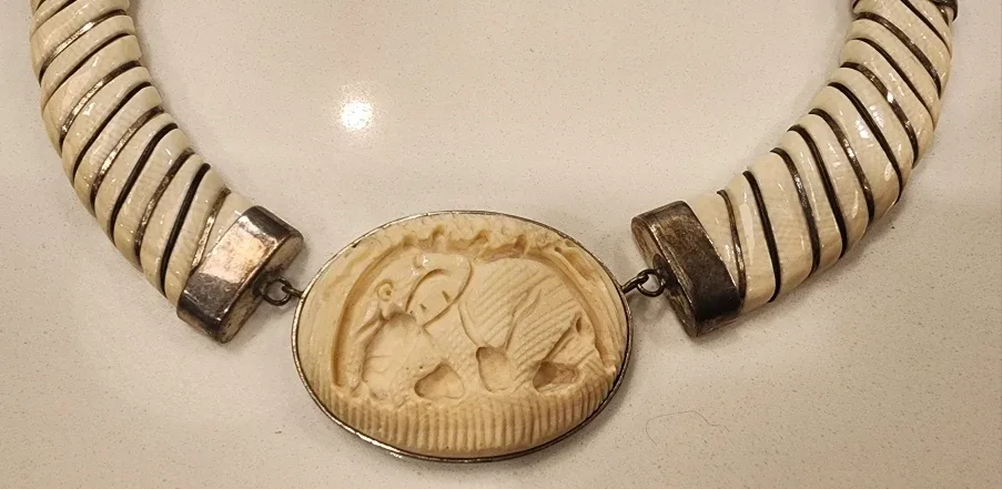 Vintage Hand-Carved Bone, Elephant Necklace – Statement Piece