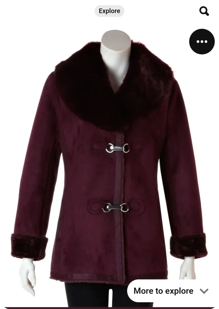 Burgundy Cleo brand Faux Suede Coat with Faux Fur Trim