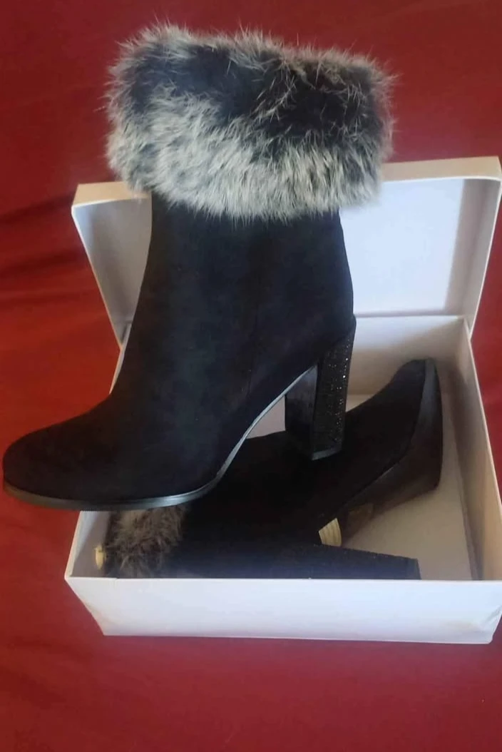 Black Suede Fur Trimmed Ankle Boots