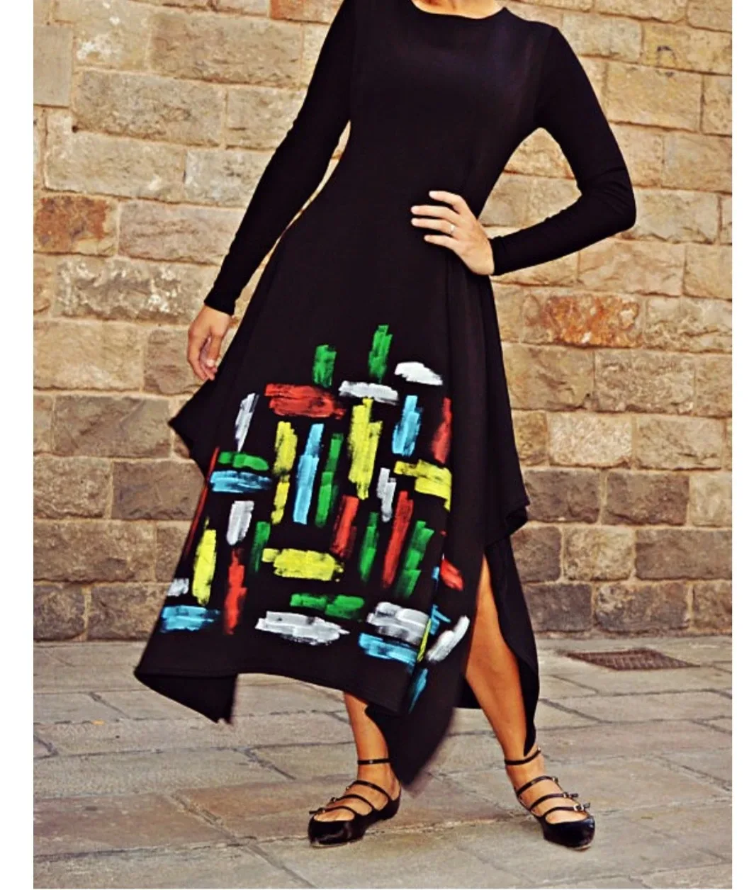 Black Long Sleeve Dress with Colorful Design
