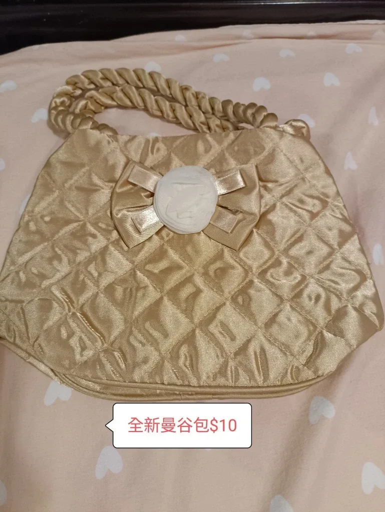 New Gold Quilted Handbag with Bow