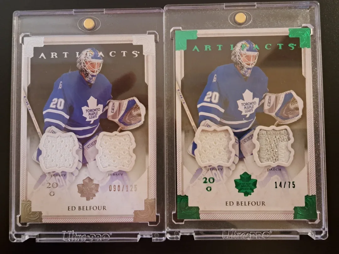Upper Deck artifacts/Ed Belfour/silver/Emerald game worn cards