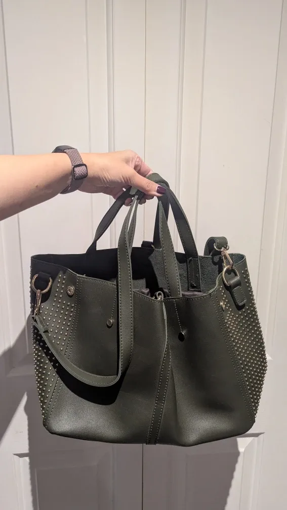 Olive Green Studded Leather Tote Bag & Pouch