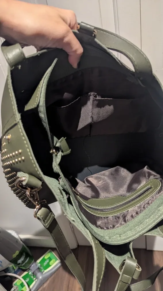 Olive Green Studded Leather Tote Bag & Pouch image indicator(3)