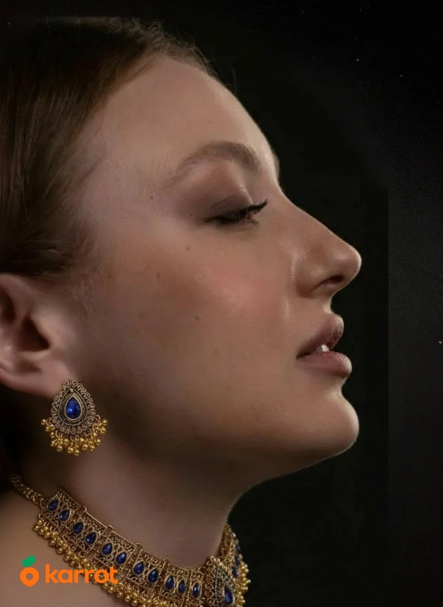 Necklace and earrings set , golden and blue