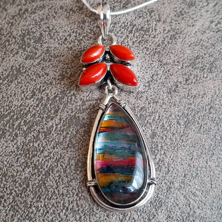 Silver Necklace with Red Coral and Abalone Pendant