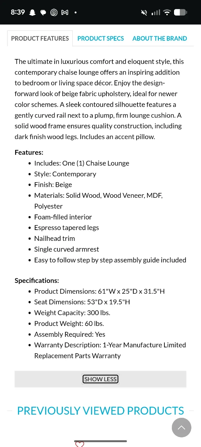 Bush Furniture Jazlyn Chaise Lounge - Beige image indicator(2)