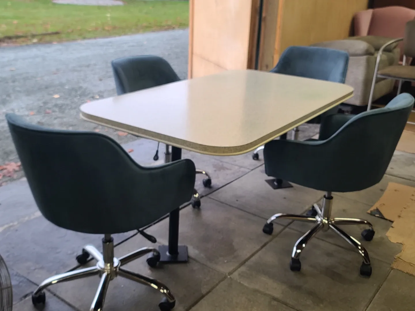 Table with 4 Blue Velvet Swivel Chairs