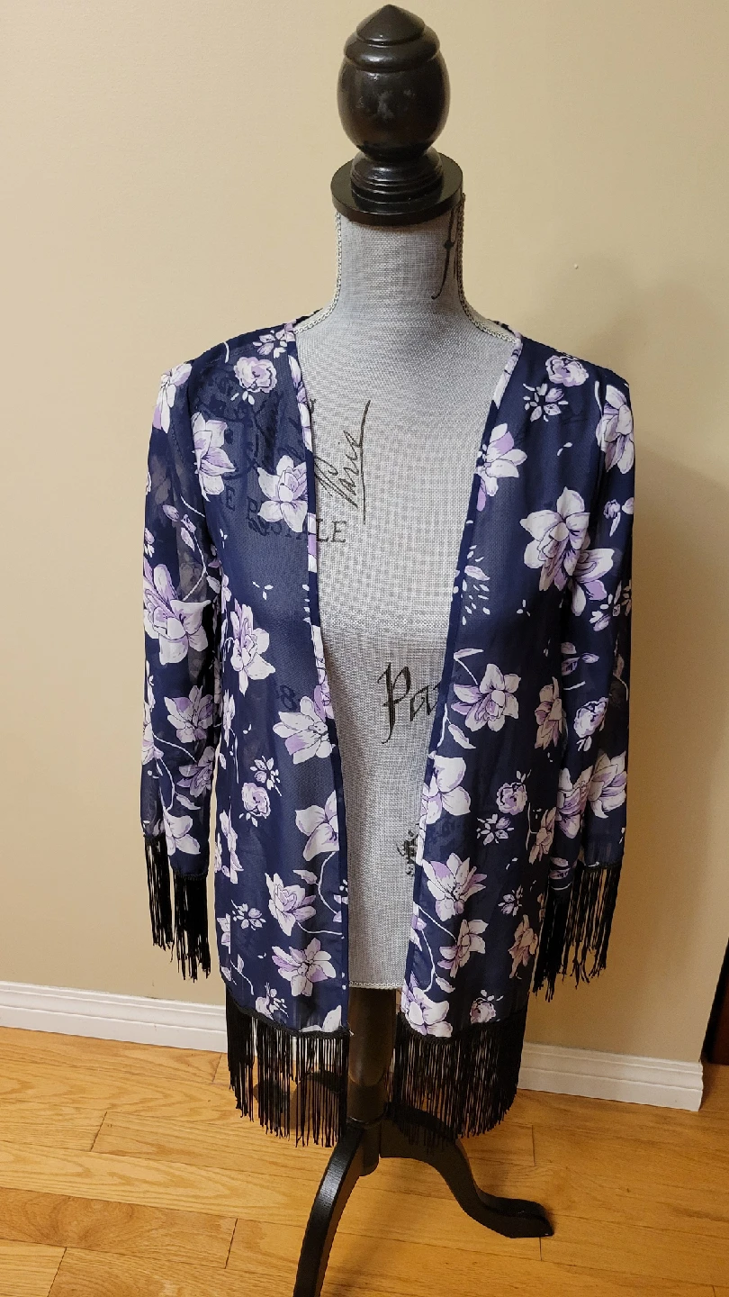 Like New Flattering Floral Print Chiffon Cardigan W/Fringe