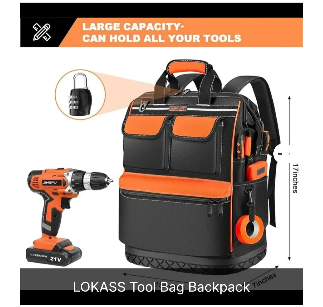 New LOKASS Heavy Duty Tool Bag Backpack – Color Black Orange image indicator(2)