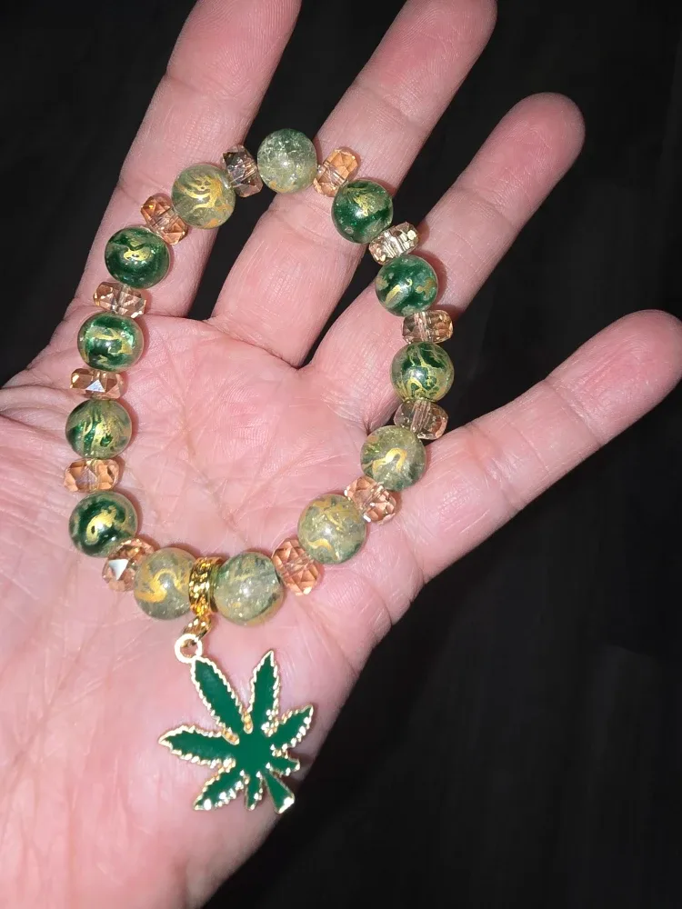 Green & Gold Beaded Bracelet with Charm image indicator(2)